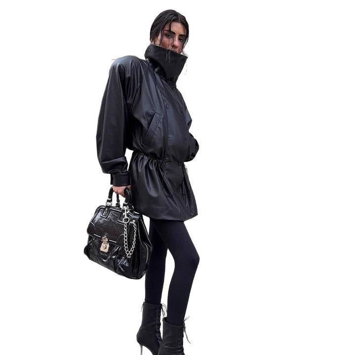 Women Oversize Faux Leather Parka with High Stand Collar and Adjustable Drawstring Mune Fashion