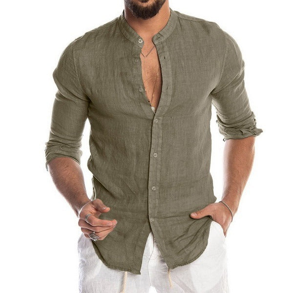 Men's linen shirt with stand-up collar, continuous button placket, and casual slim-fit cut Mune Fashion