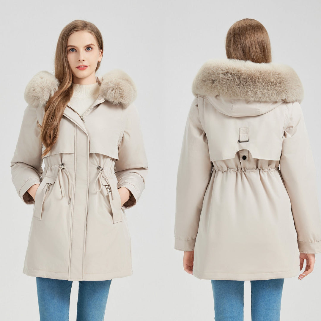 Women's Functional Parka with Removable Faux Fur Collar and Waist Drawstring Mune