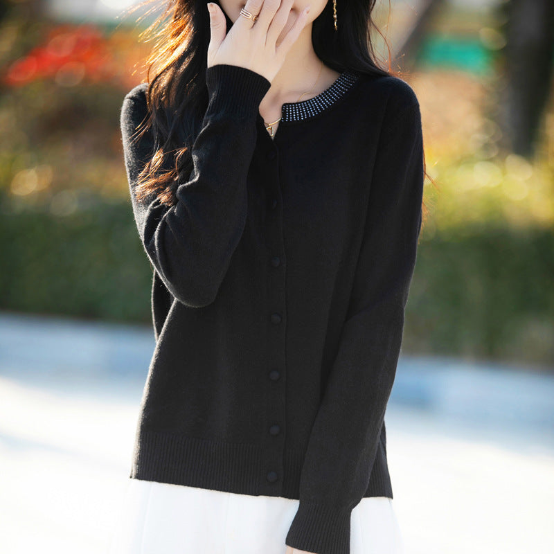 Women Short Cardigan made of ultra-fine cotton mix with sparkling crystal edge and tone-on-tone button placket Mune Fashion