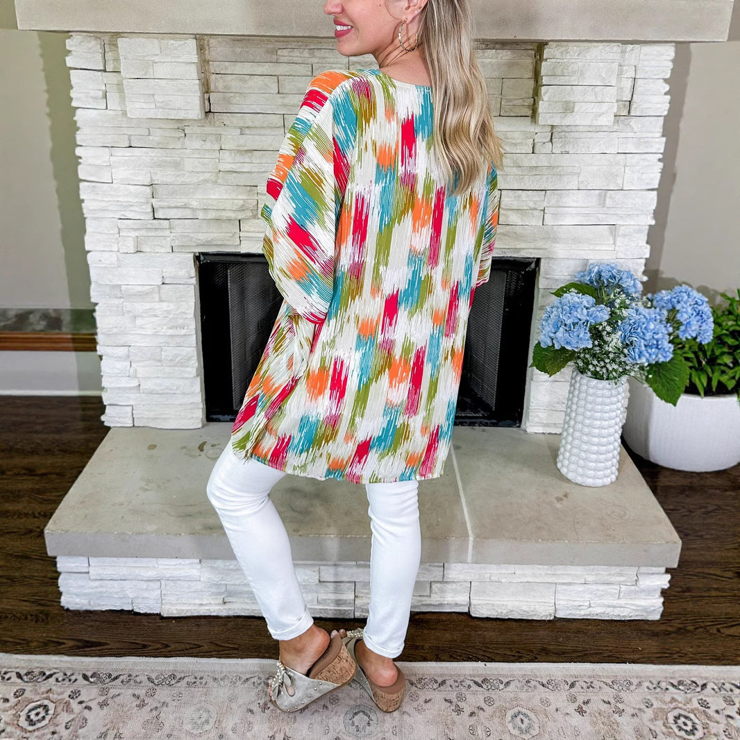 Women's Oversized V-Neck Tunic in Pleated Look with Abstract Ikat Print Mune Fashion