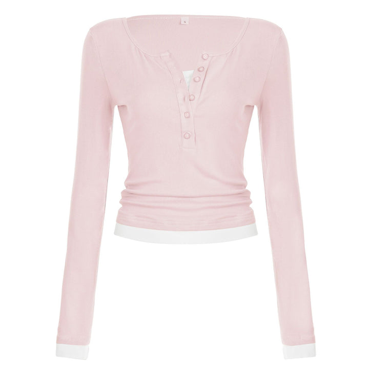 Women's tailored henley crop long sleeve with contrasting hem and sleeve cuffs Mune Fashion