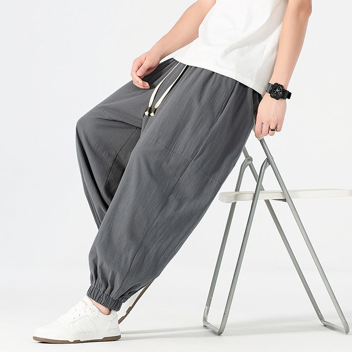 Men's loose-fitting linen-cotton sweatpants with drawstring and gathered leg cuffs Mune Fashion