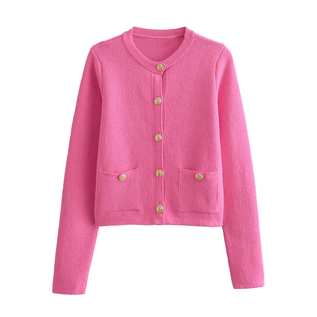 Women Cropped Boucle Cardigan with Round Neck, Flap Pockets and Coin Buttons Mune Fashion