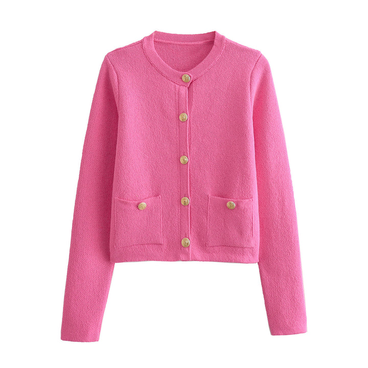 Women Cropped Boucle Cardigan with Round Neck, Flap Pockets and Coin Buttons Mune Fashion