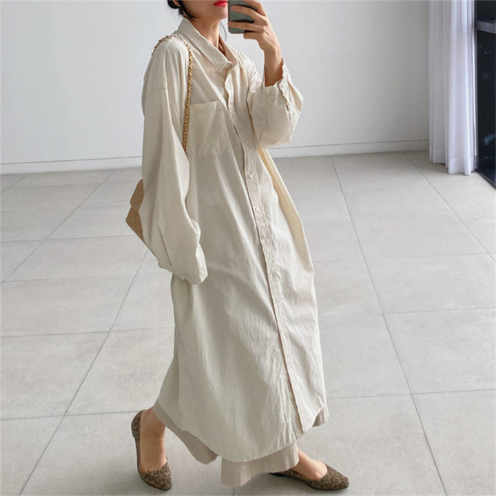 Women Oversized Shirt Dress with Long Button Placket and Breast Pocket Mune Fashion