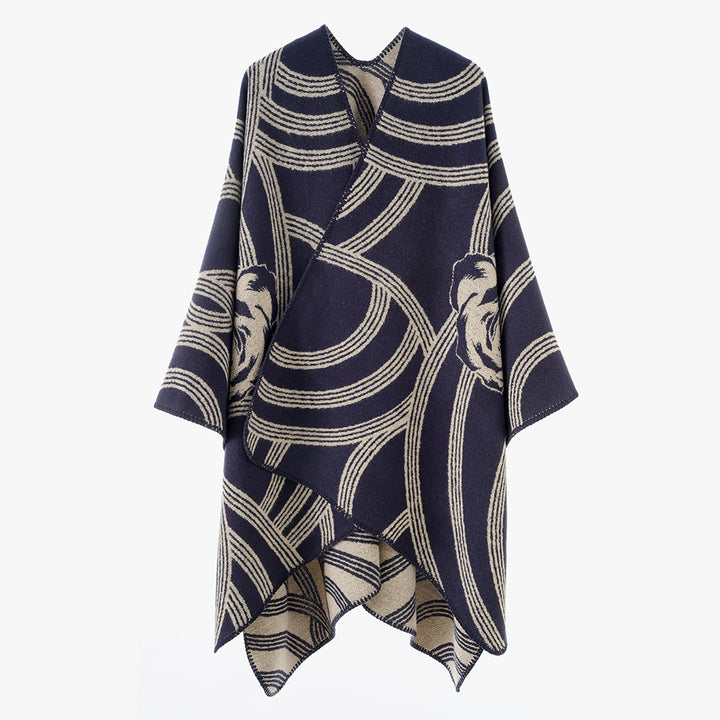 Women's Jacquard Cape Poncho with Rose Motif and Open Front Mune Fashion