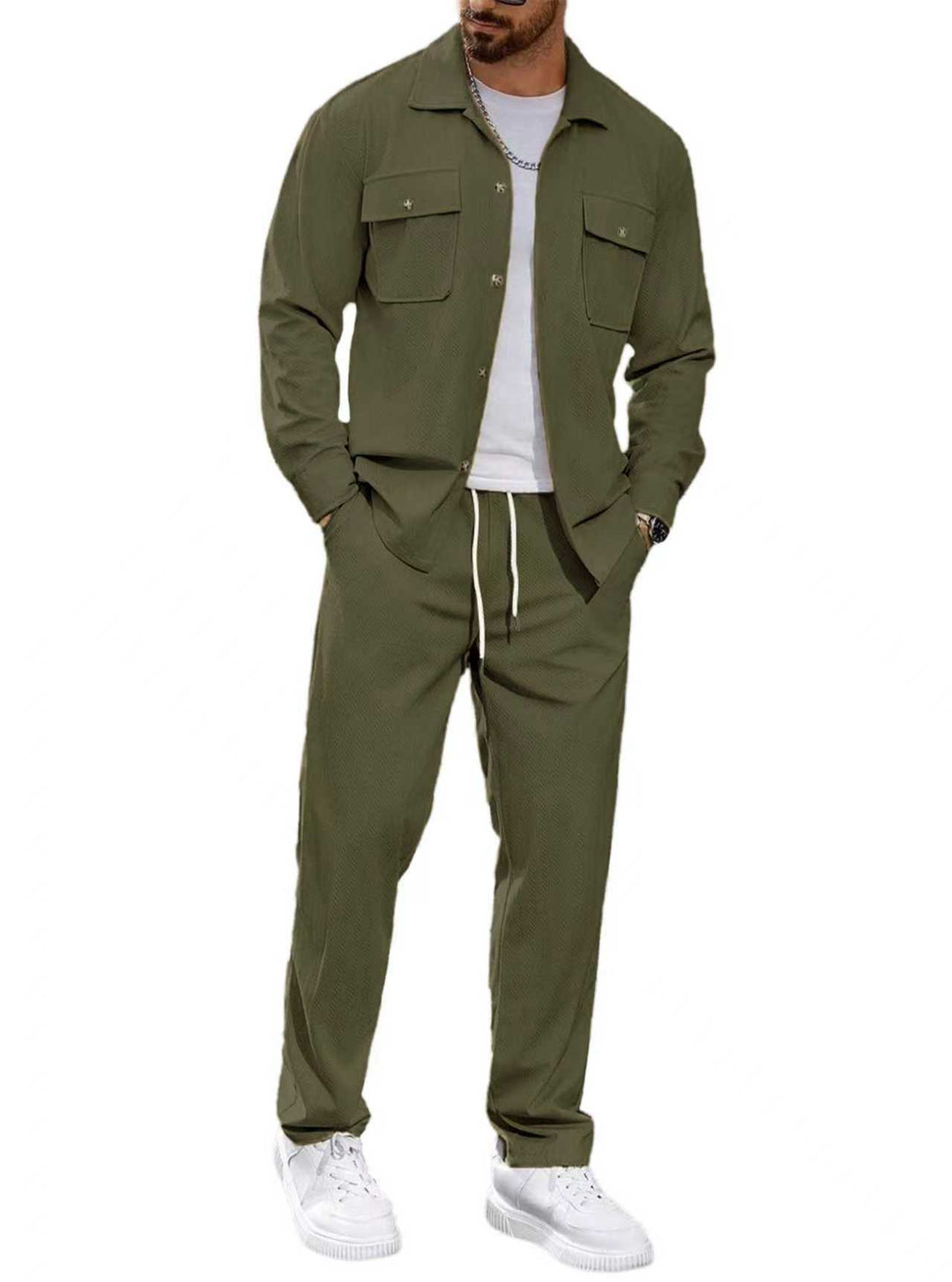 Men's casual two-piece shirt jacket with applied chest pockets and drawstring pants Mune Fashion
