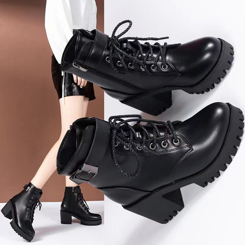 Women's platform lace-up ankle boots made of synthetic leather with profiled rubber sole and adjustable buckle strap Mune Fashion