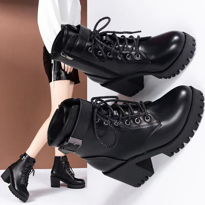 Women's platform lace-up ankle boots made of synthetic leather with profiled rubber sole and adjustable buckle strap Mune Fashion