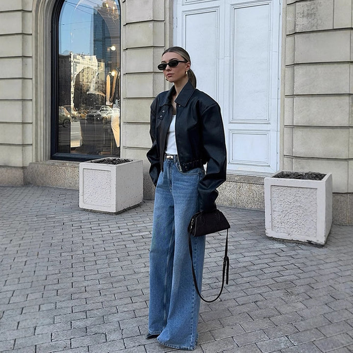 Women's Cropped Oversized Leather Jacket with Shirt Collar, Cropped Silhouette and Extra-Wide Sleeves Mune Fashion