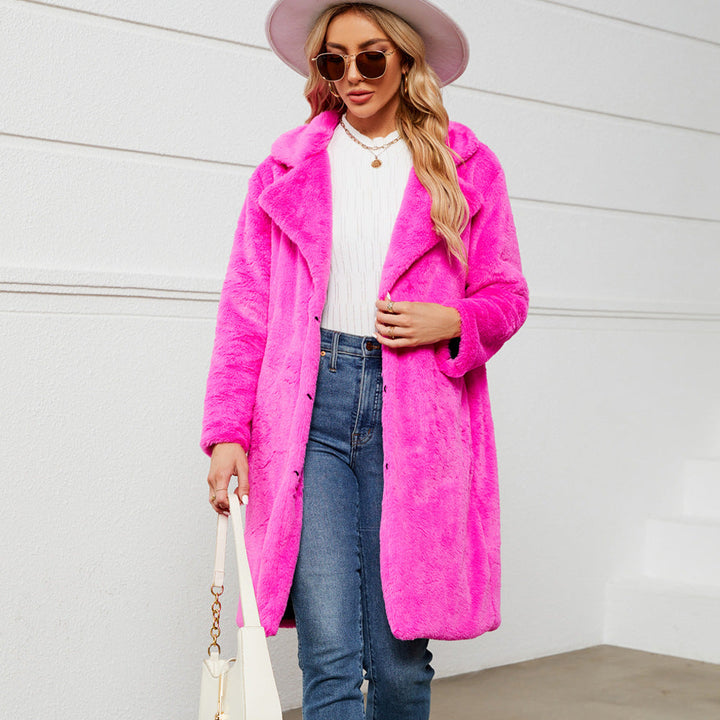 Women's Elegant Faux Fur Coat with Deep Collar Mune