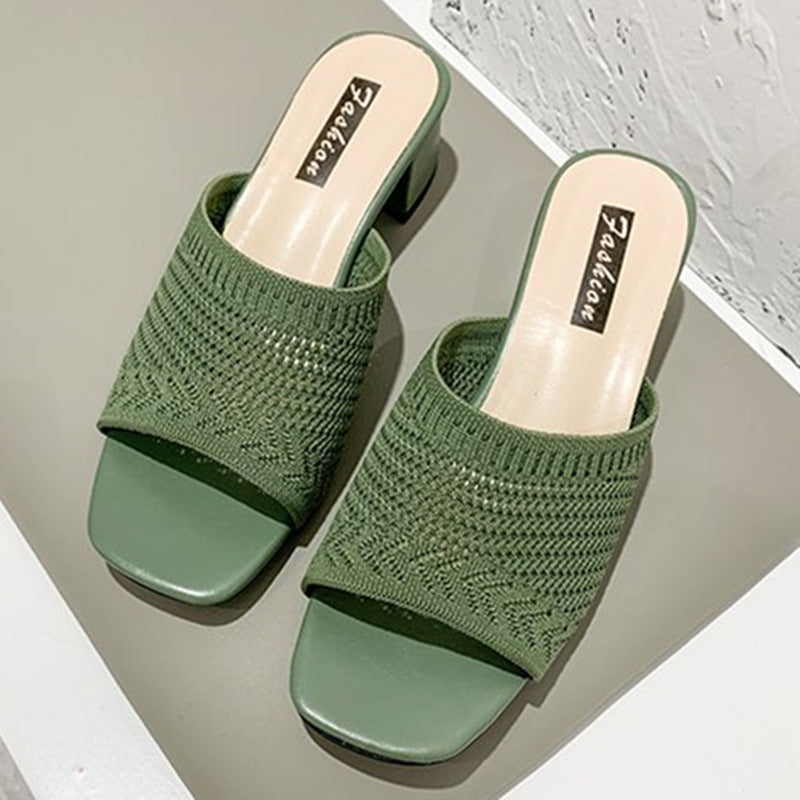 Women's airy knitted mules with square toe and wide block heel Mune Fashion