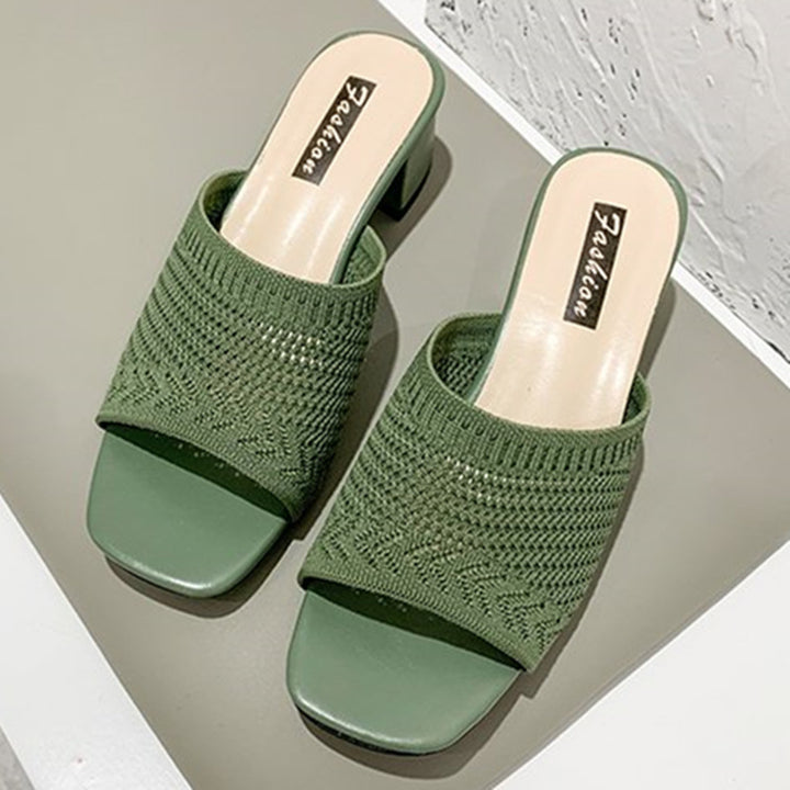 Women's airy knitted mules with square toe and wide block heel Mune Fashion