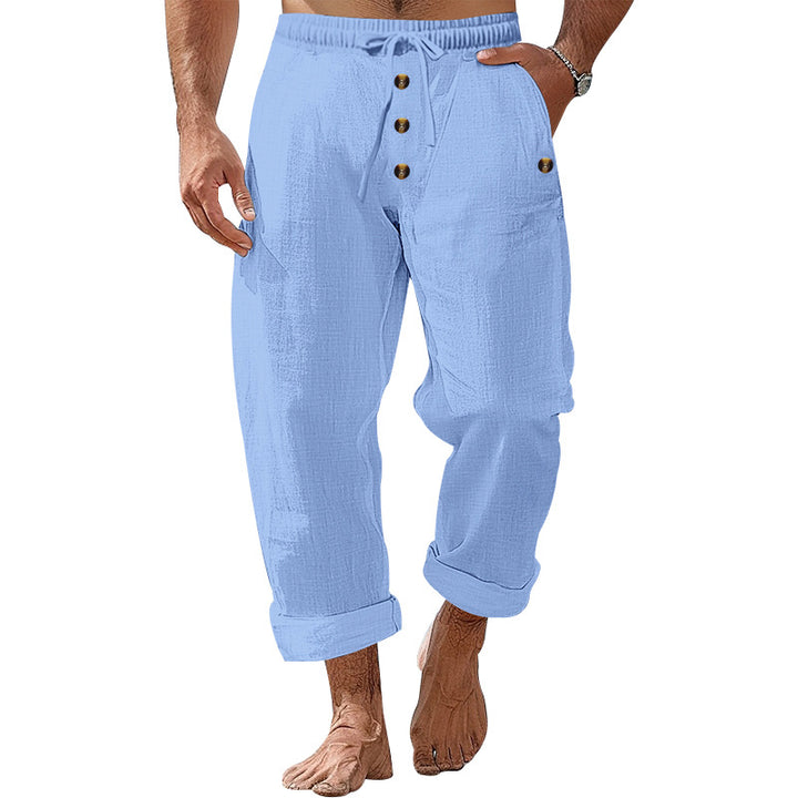 Men's casual linen-cotton pants with elastic waistband, drawstring, and rolled-up hem Mune Fashion