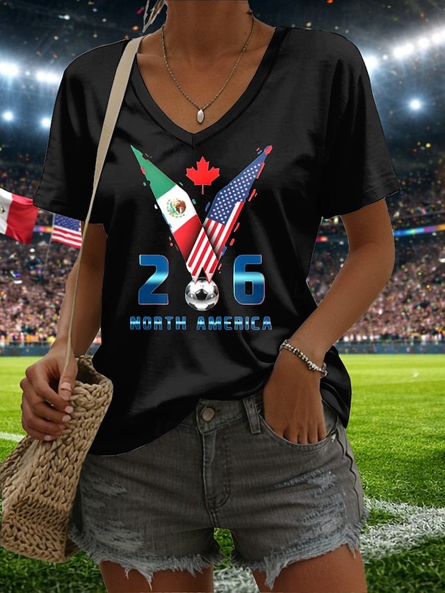 Women’s V-neck Retro Print T-shirt with Eagle Emblem and vintage-inspired Graphic Mune Fashion