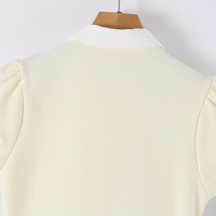 Women Fitted Shirt Dress with Puff Sleeves and Pleated Skirt Mune Fashion