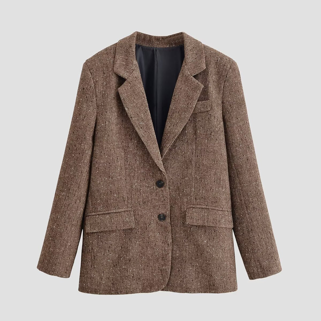 Women's Oversize Tweed Blazer with Houndstooth Pattern and Flap Pockets Mune Fashion