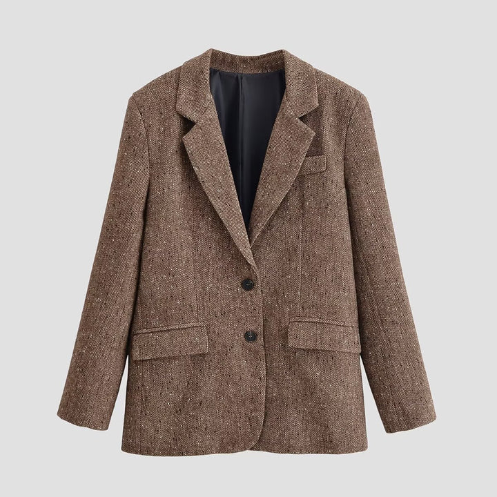 Women's Oversize Tweed Blazer with Houndstooth Pattern and Flap Pockets Mune Fashion
