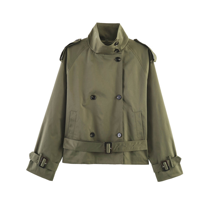 Women's cropped trench coat with standing collar double button placket and waist belt Mune Fashion