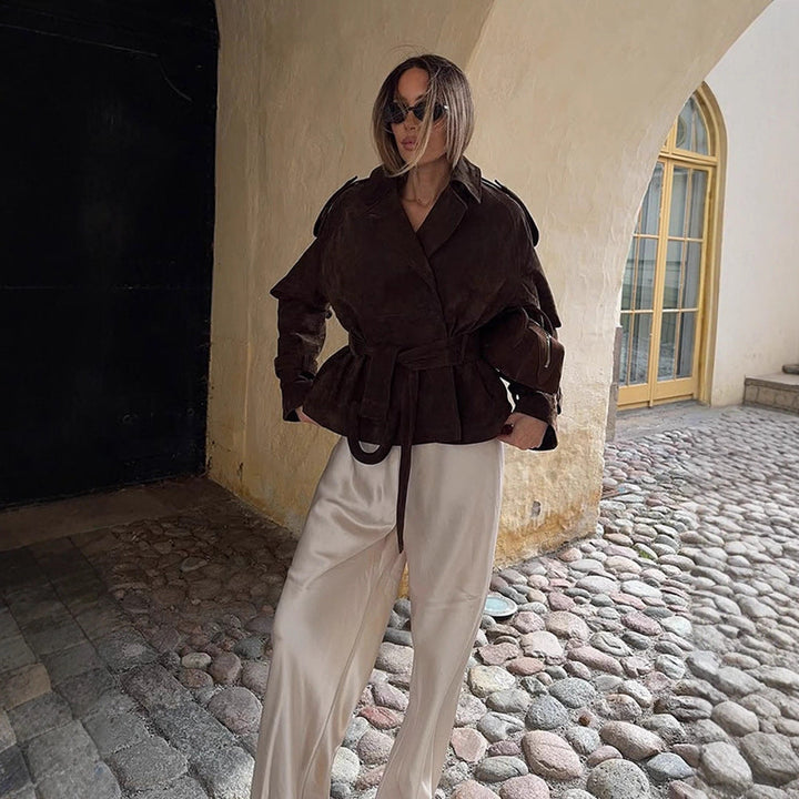 Ladies Fashionable Suede Jacket with Waist Belt and Voluminous Sleeves Mune