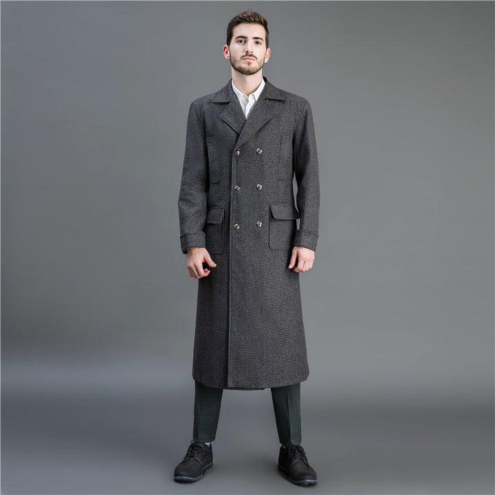 Men's Elegant long cut wool coat with double row and flap pockets Mune Fashion