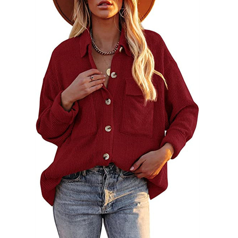 Women Oversized Fine Knit Shirt Jacket with Button Placket and Brusttaschen Mune Fashion
