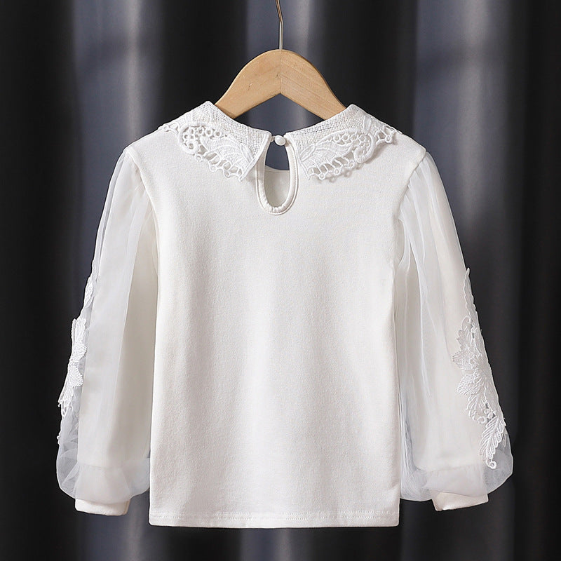 Girls fashionable blouse with elegant tulle sleeves and artistic lace decoration Mune Fashion