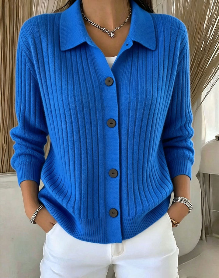 Women's Fine Ribbed Button Cardigan with Shirt Collar and Boxy Silhouette Mune Fashion