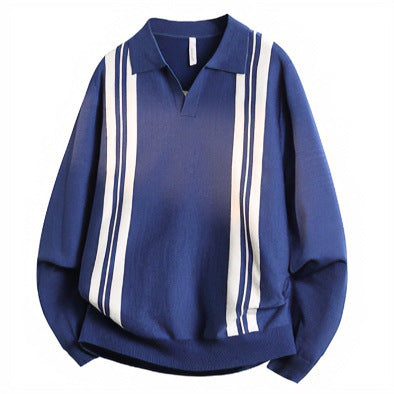 Unisex fine knit polo with open V-neck and vertical contrast stripes Mune Fashion