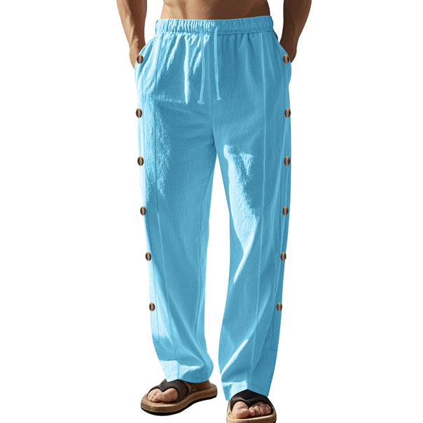 Men's relaxed linen lounge pants with side button placket, elastic waistband, and side pockets Mune Fashion
