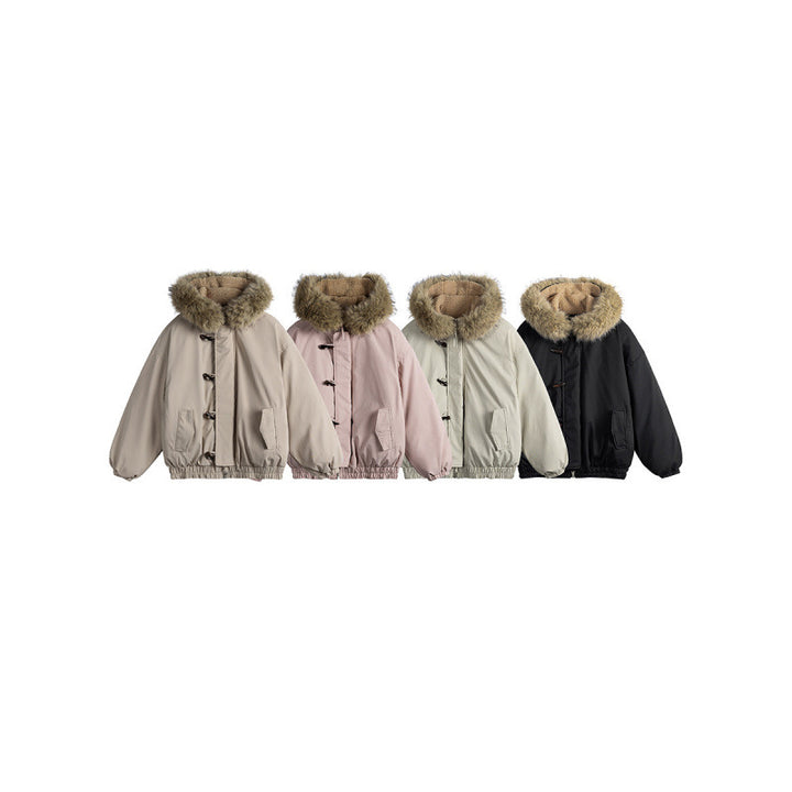 Unisex Padded Hooded Jacket in Boxy Cut with Teddy Lining, Faux Fur Collar and Toggle Closures Mune Fashion