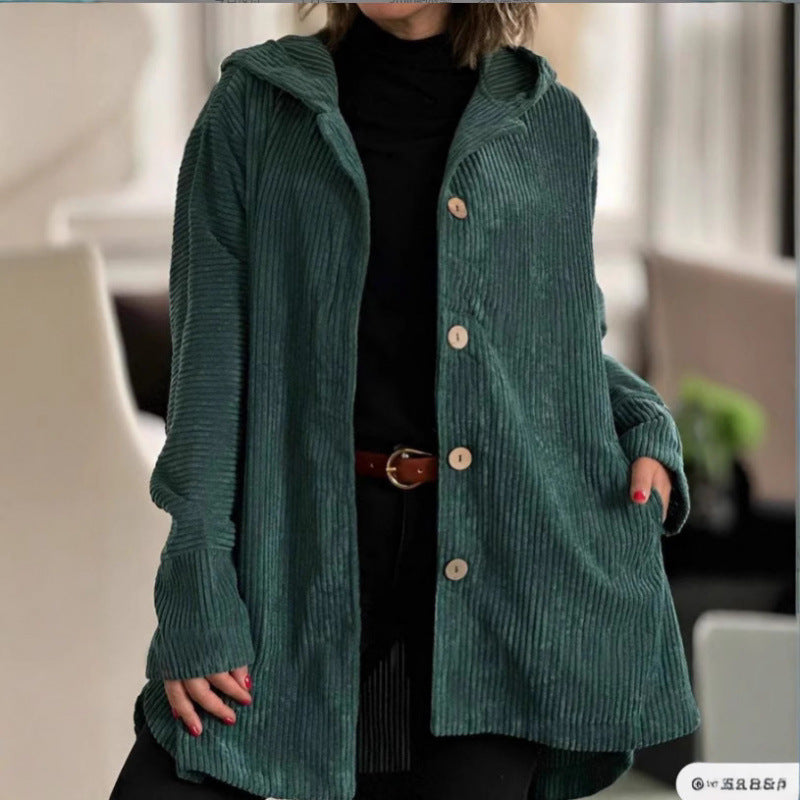Women's Long Hooded Knitted Cardigan with Ribbed Texture, Button Placket and Side Pockets Mune Fashion