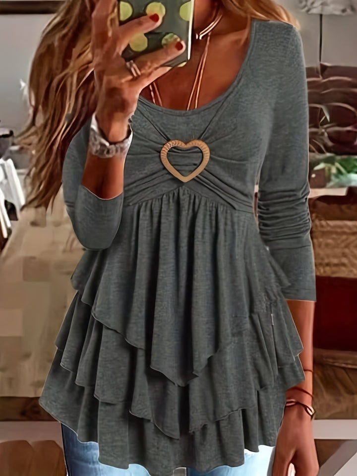 Women's layered look tunic with heart-shaped decorative buckle and gathered neckline