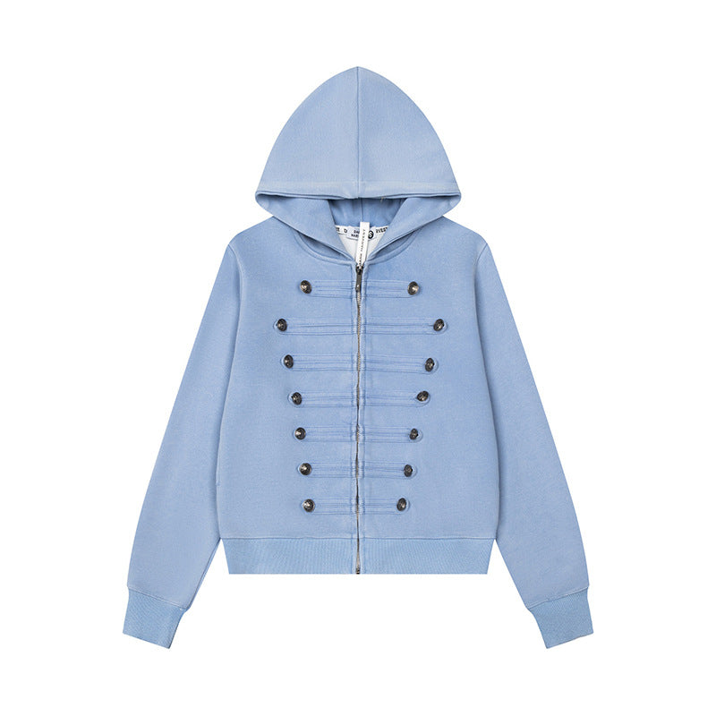 Women’s Hooded Sweat Jacket with Military Button Decoration and Full-Length Zipper Mune Fashion