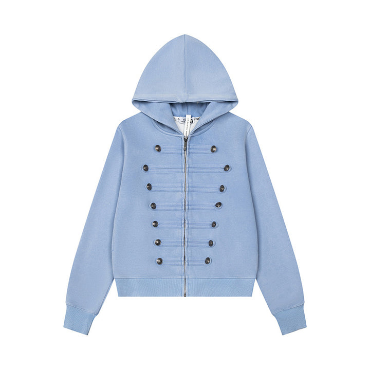 Women’s Hooded Sweat Jacket with Military Button Decoration and Full-Length Zipper Mune Fashion