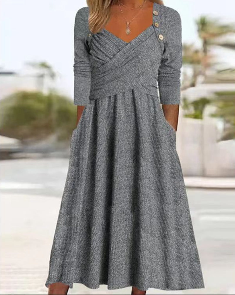 Women's knitted maxi dress with wrap top V-neck, side pockets and decorative button placket Mune Fashion
