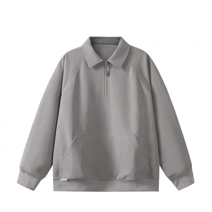 Unisex Oversize Half-zip Sweatshirt with Polo Collar, Waffle Structure and Kangaroo Pocket Mune Fashion