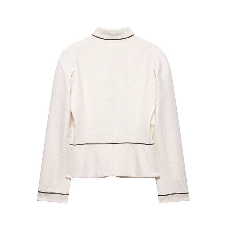 Ladies short blazer in bouclé look with stand-up collar, decorative piping and covered buttons Mune Fashion