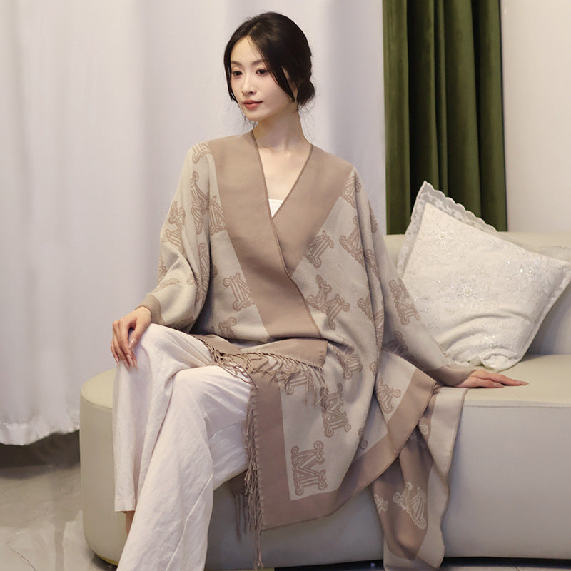 Women's Jacquard Monogram Cape with Open Sides and Fringes