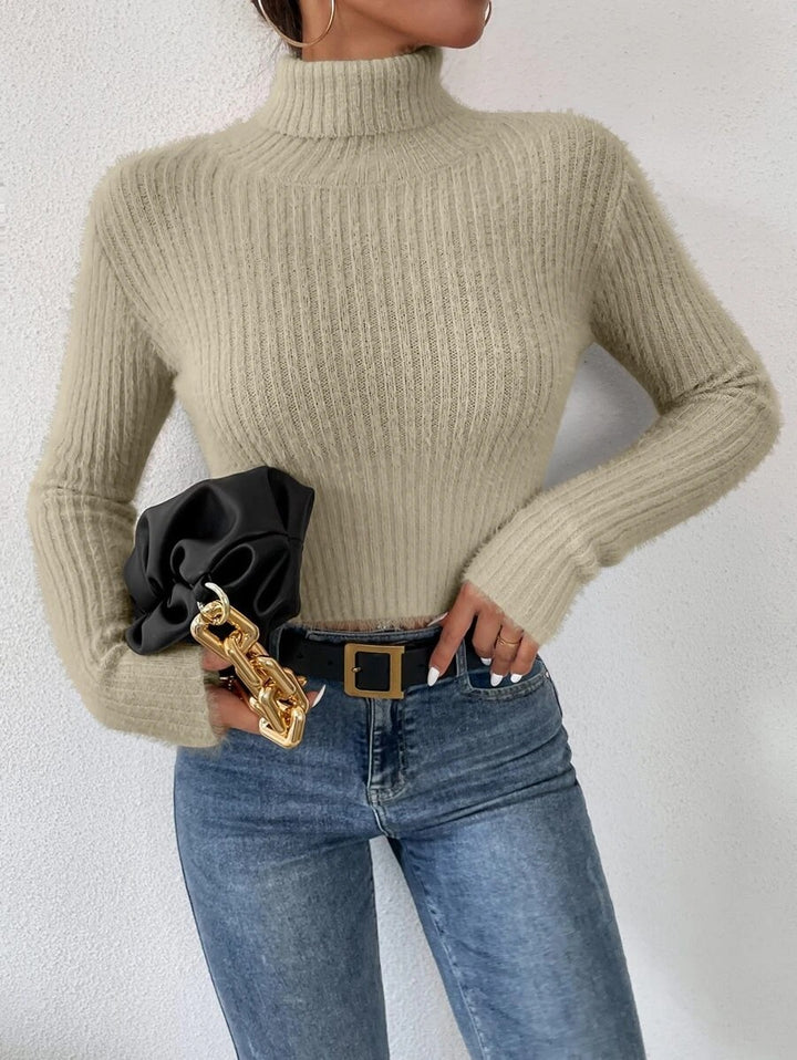 Women's Short Ribbed Turtleneck Sweater with Fluffy Mohair Look Mune Fashion