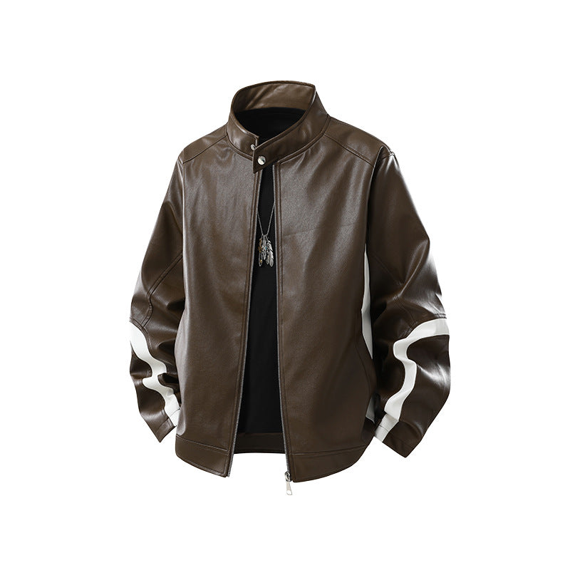 Herren Lederjacke im Bomberstil mit Stehkragen und kontrastierenden Wellenstreifen Mune Fashion