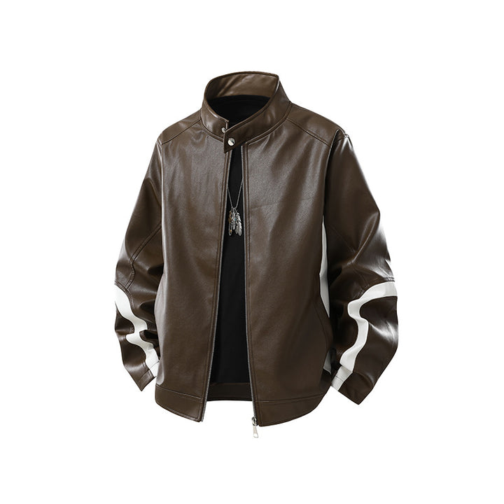 Herren Lederjacke im Bomberstil mit Stehkragen und kontrastierenden Wellenstreifen Mune Fashion