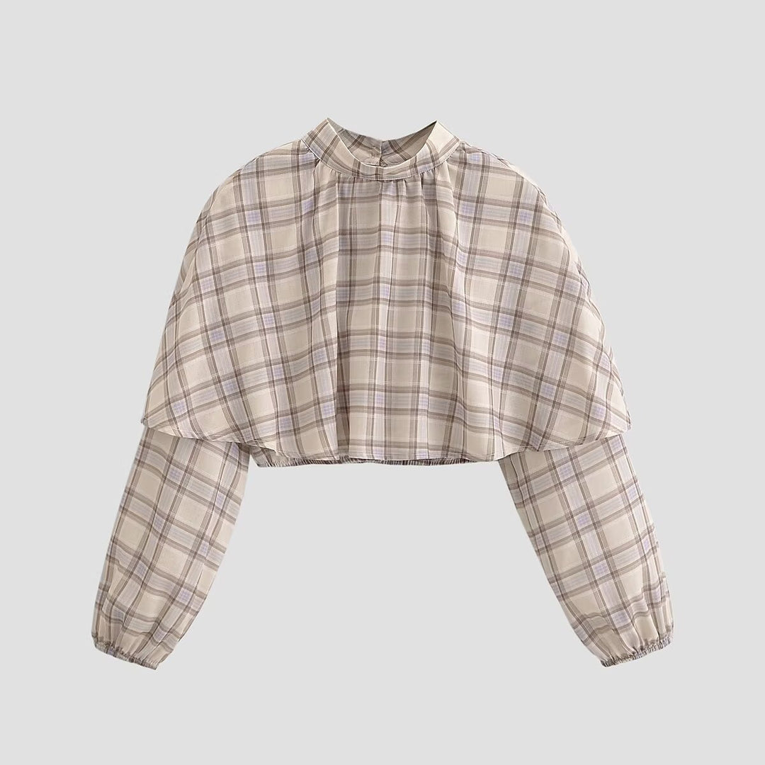 Women's Cropped Cape Blouse with Oversized Sleeves and High Stand Collar Mune Fashion
