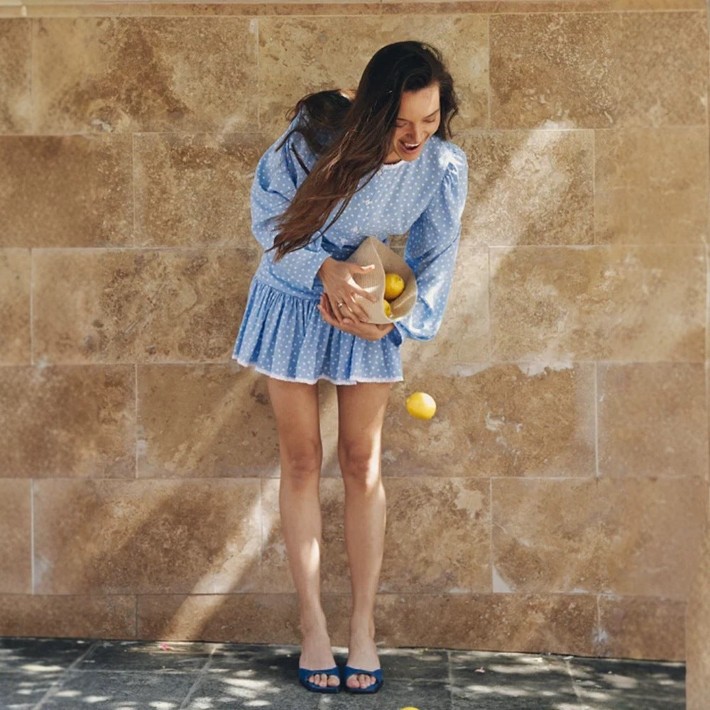 Women's Playful Polka Dot Two-Piece with Ruffled Mini Skirt and Puff Sleeves Mune Fashion