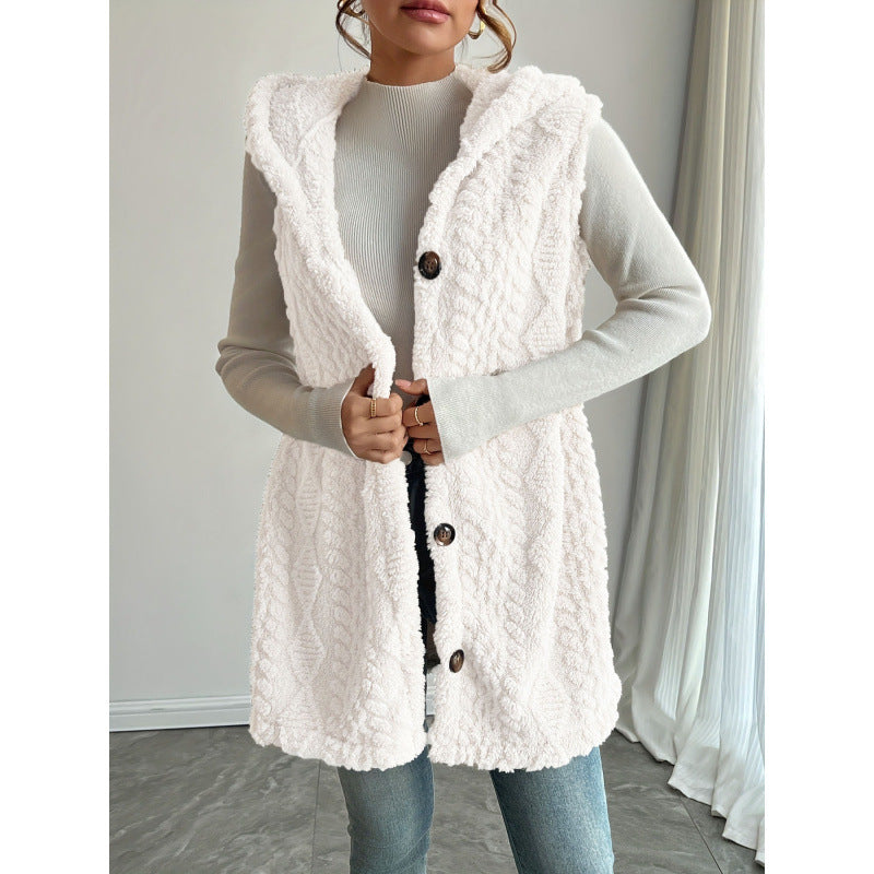 Women's Hooded Teddy Vest with Structured Cable Knit Pattern and Decorative Button Placket Mune Fashion