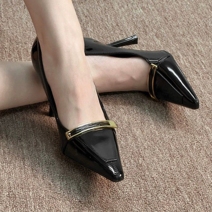 Women's pointed toe patent pumps with delicate metal strap and slim stiletto heel Mune Fashion