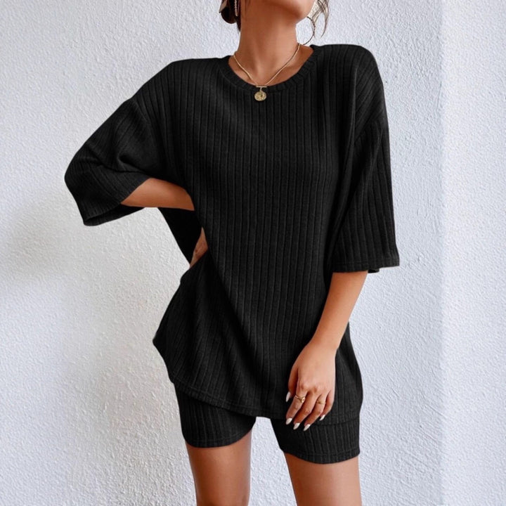 Women’s Casual Ribbed Knit Lounge Set with Oversized Short Sleeve Top and High Waist Biker Shorts Mune Fashion