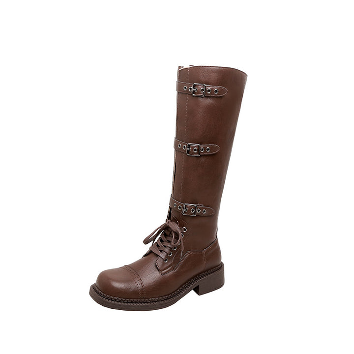 Ladies knee-high lace-up boots with decorative and adjustable buckles Mune Fashion