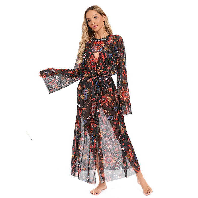 Women's Elegant Transparent Beach Kimono with Floral Design Mune Fashion